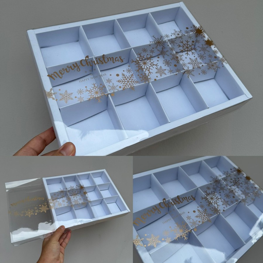 

( 5 pcs ) dus mika putih natal sekat 12 motif merry christmas gold kotak packaging kue lapis legit, brownies ukuran 22x29x4.5 cm