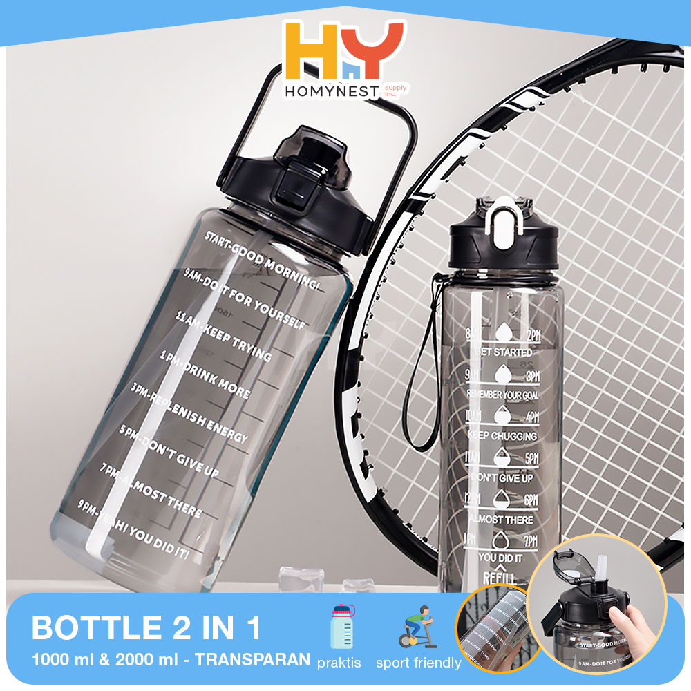 HOMYNEST Water Bottle 2in1 Premium Botol Minum Kapasitas 1 dan 2 Liter Jumbo Bening BPA FREE