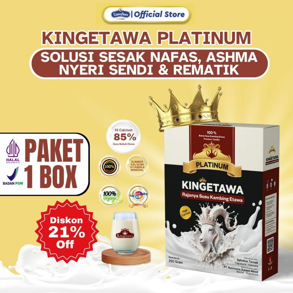 

Kingetawa Platinum Susu Kambing Etawa Premium Untuk Nyeri Sesak Nafas dan Rematik Paket 1 Box 250gr