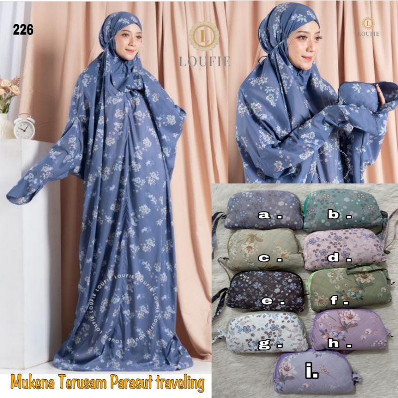 mukena traveling parasut Korea terusan motif loufie/ mukena mini pouch traveling loufie / mukena ter