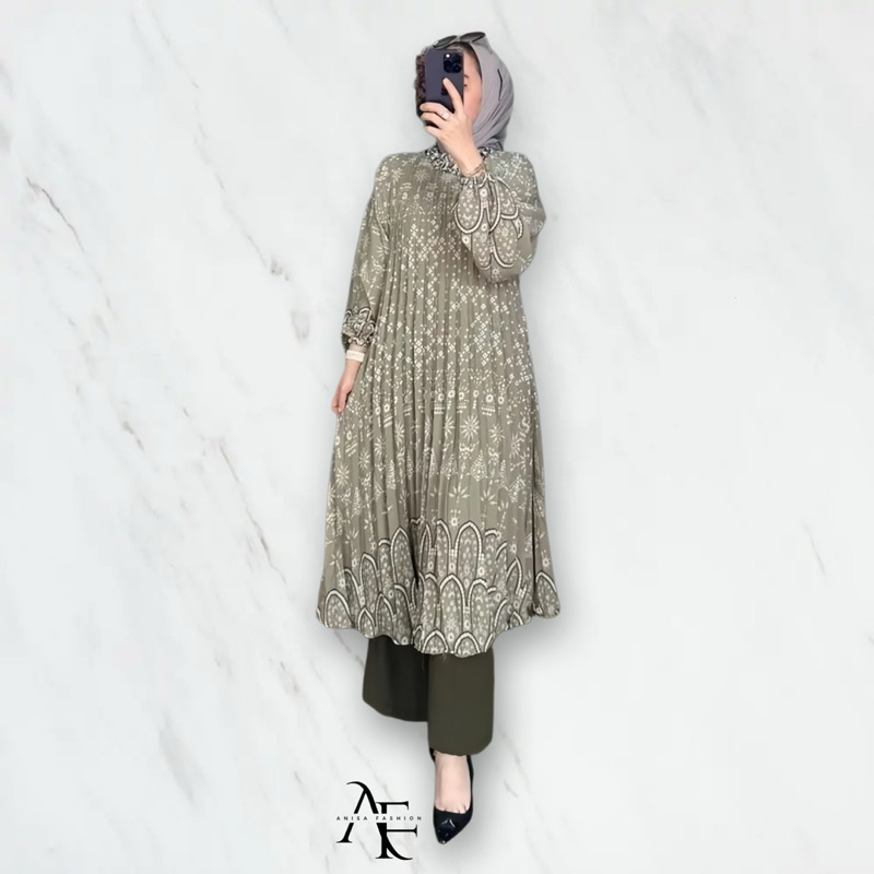 Terbaru One Set Naila Tunik Plisket - Setelan Long Tunik Plisket Motif New Celana Crinkle Premium -