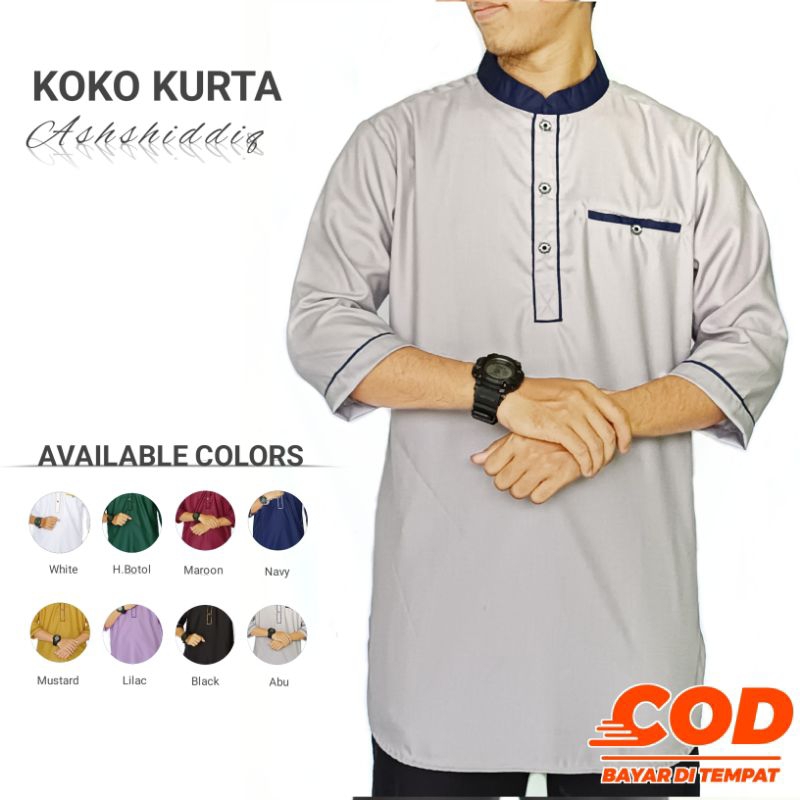 PROMO KOKO KURTA ASHSHIDDIQ - BAJU KOKO KURTA PRIA DEWASA LENGAN 3/4 WARNA MUSTARD PUTIH HIJAU BOTOL