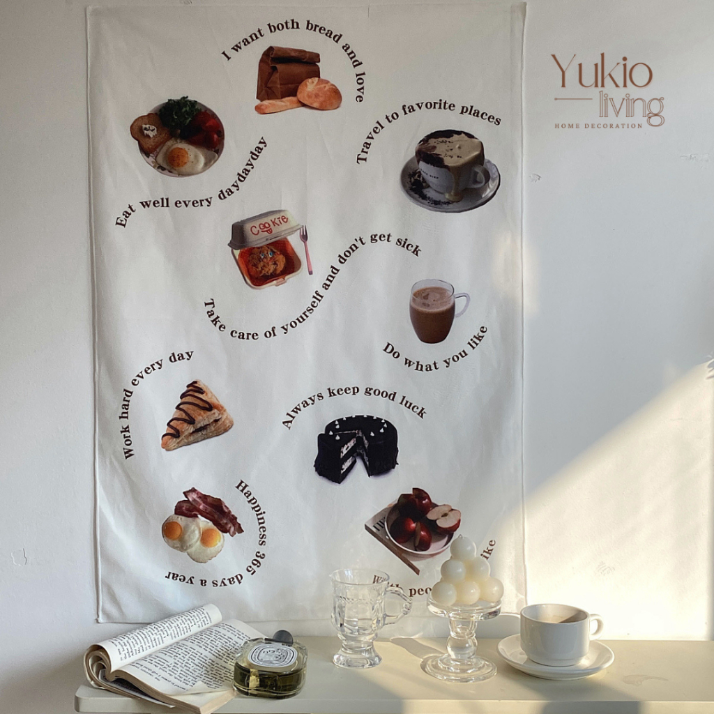 YUKIO Cafe Menu Tapestry - Poster Kain Besar Aesthetic Korea Dinding Home Decor Dekorasi Kamar