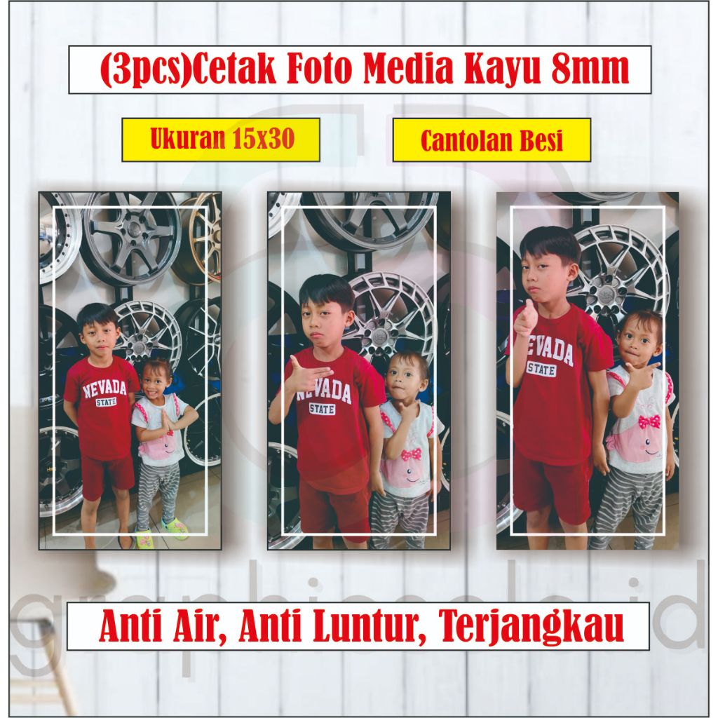 3pcs Cetak Foto Frameless Kayu/MDF 8mm ukuran 15x30cm (cantolan besi)