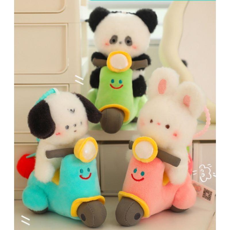 Plush Toy Gantungan Tas Boneka Lucu Doggy Kelinci Panda Naik Motor Getar Suara Ngebut