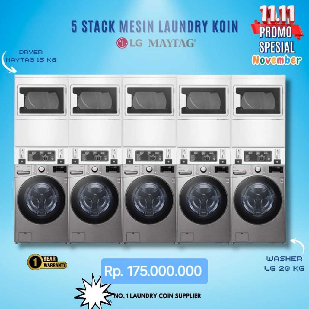 Paket Mesin Laundry Coin 5 set Stack Mesin Cuci LG 20 kg & Mesin Pengering Maytag 15 kg Partisi