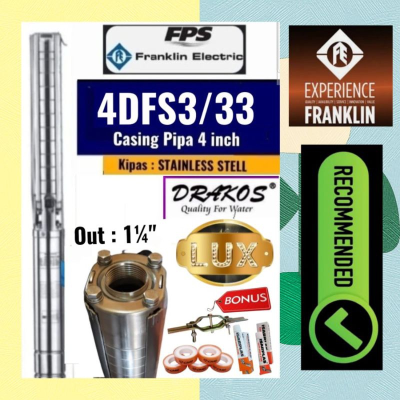 Pompa satelit STAINLESS FRANKLIN 3 HP 3 Phase submersible 4" Barepump Drakos 4DFS 3/33 380volt Deep 