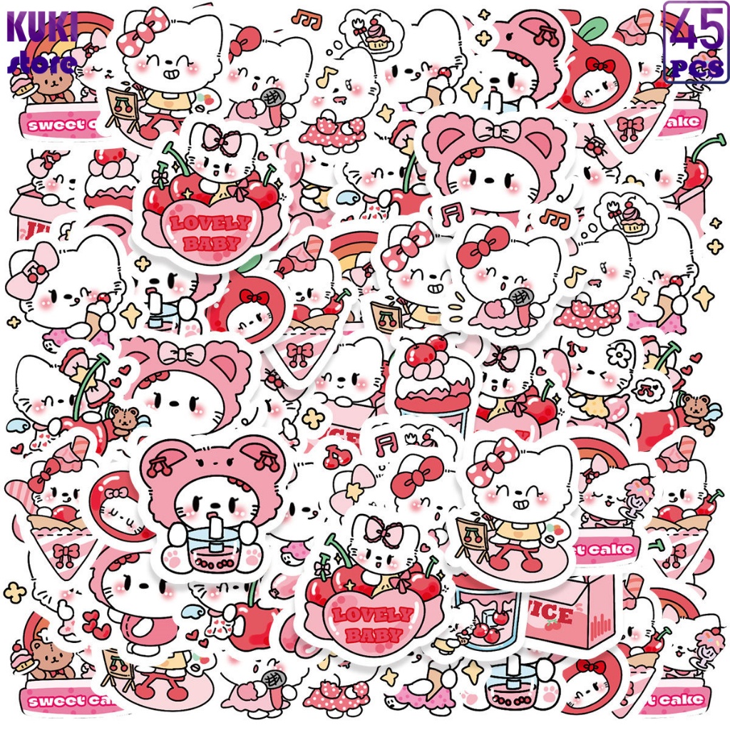 45 Pcs Gaya Sanrio, Kartun Anak Kucing Ceri, Stiker Dengan Pola Yang Kaya