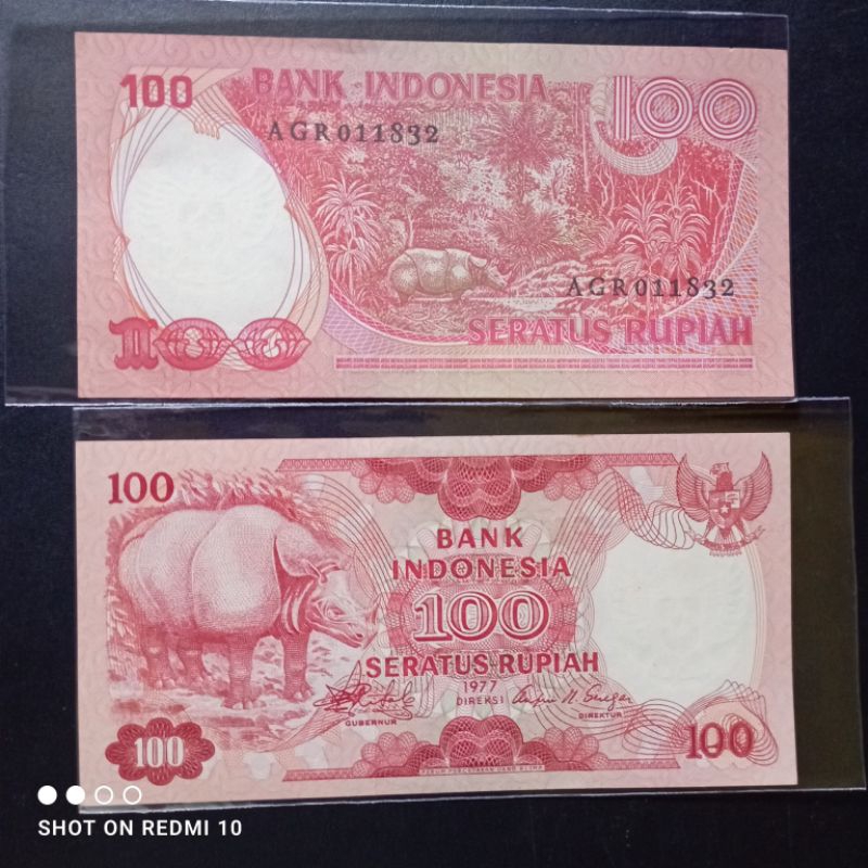 uang kertas kuno 100 badak tahun 1977 baru utuh asli