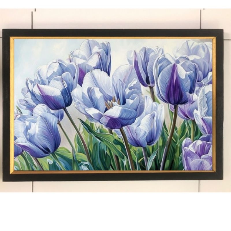 Hiasan dinding lukisan cetak bunga tulip ungu plus bingkai ukuran 35x52cm