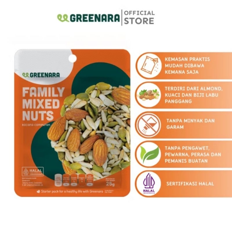 

Mixed Nuts Almond, Biji Labu, Biji Bunga Matahari Panggang Siap Makan 25gr Greenara