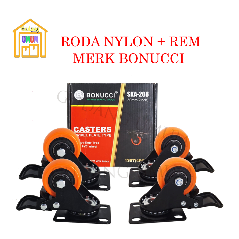 Roda Nylon + Rem / Roda Troley Rak Tv Lemari/Roda Putar Hitam Orange Bonucci