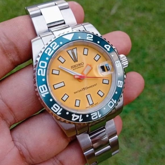JAM SEIKO NH-35A CUSTOM MOD YELLOW GREEN BARU..(second,vintage,kuno)