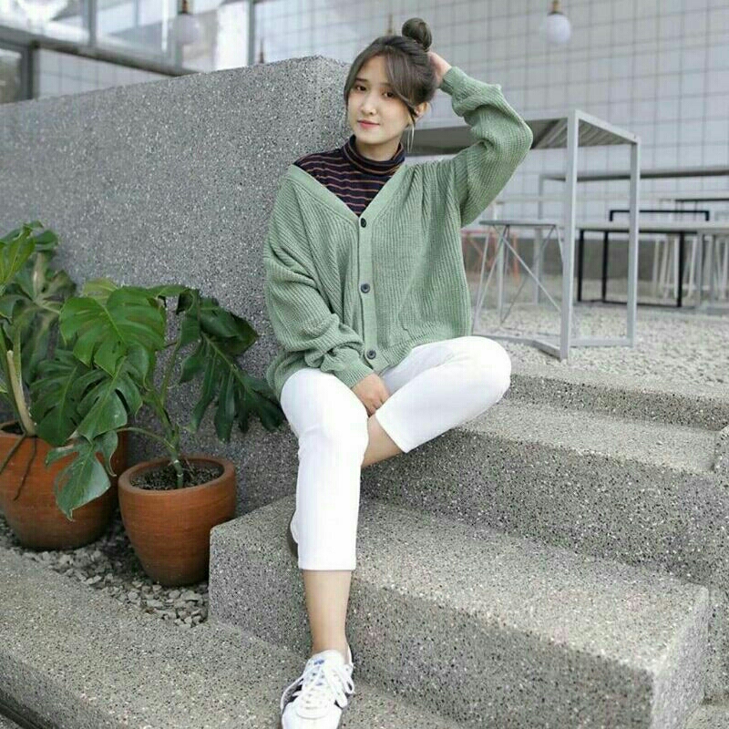 Cardigan rajut crop lengan balon all size
