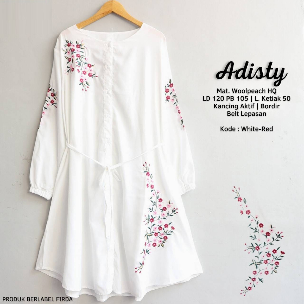 Adisty baju muslim putih hitam motif bordir tunik wanita jumbo
