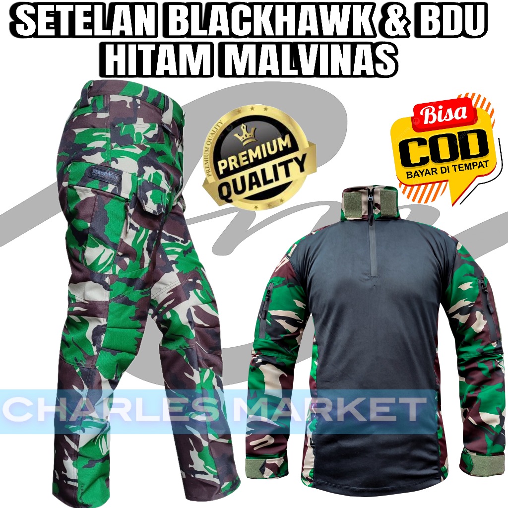 SETELAN CELANA BLACKHAWK  DAN BDU MALVINAS HITAM - SETELAN BDU MALVINAS BALOTELLI - SERAGAM MALVINAS