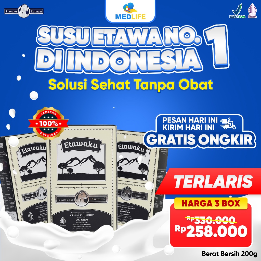 

Etawaku Platinum 3 Box Susu Etawa Atasi Sistem Pernapasan Pernafasan Asma Bronkhitis Sesak Nafas