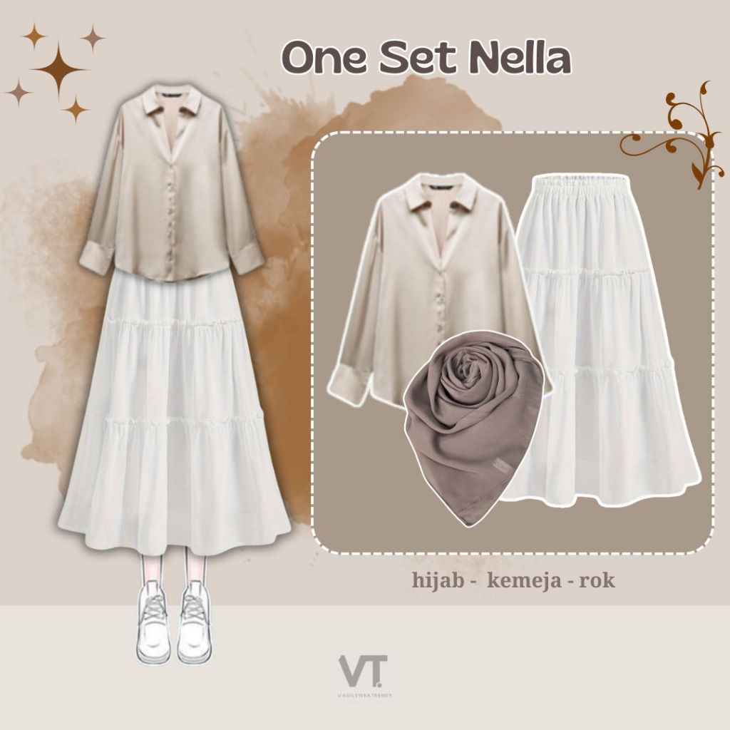 One Set Nella (Hijab, Kemeja, Rok) OOTD Hijab Korea Style ✿ Bella Square Frappuccino ✿ Blouse Satin 