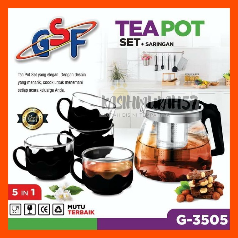 TEA POT GSF G-3505 / TEA POT SET + SARINGAN TEH 5PCS GSF G 3505 / TEKO KACA SET + SARINGAN TEH 5PCS 