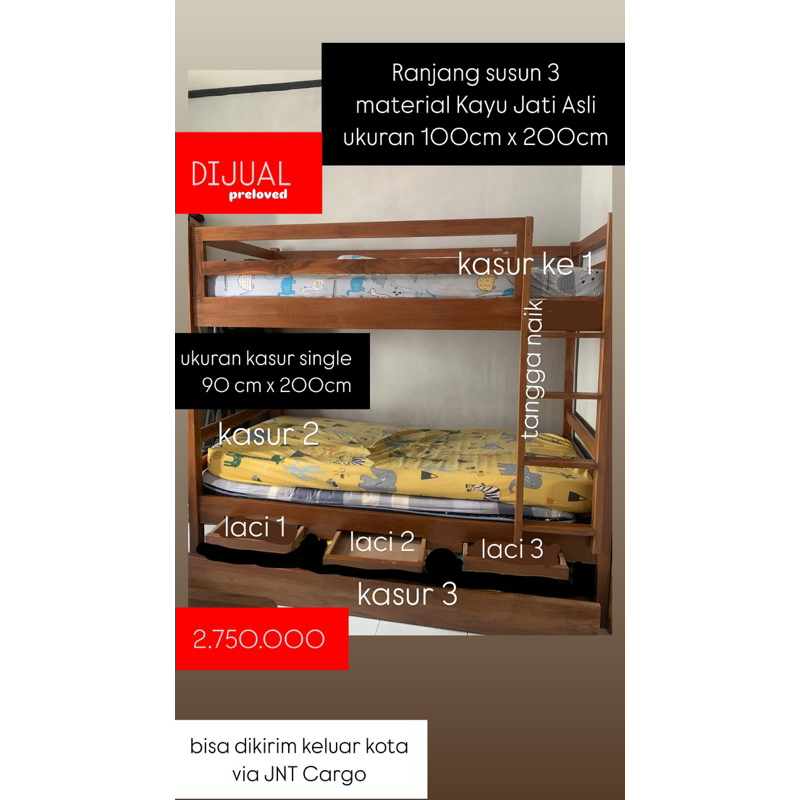 ranjang tingkat 3 susun kayu jati asli
