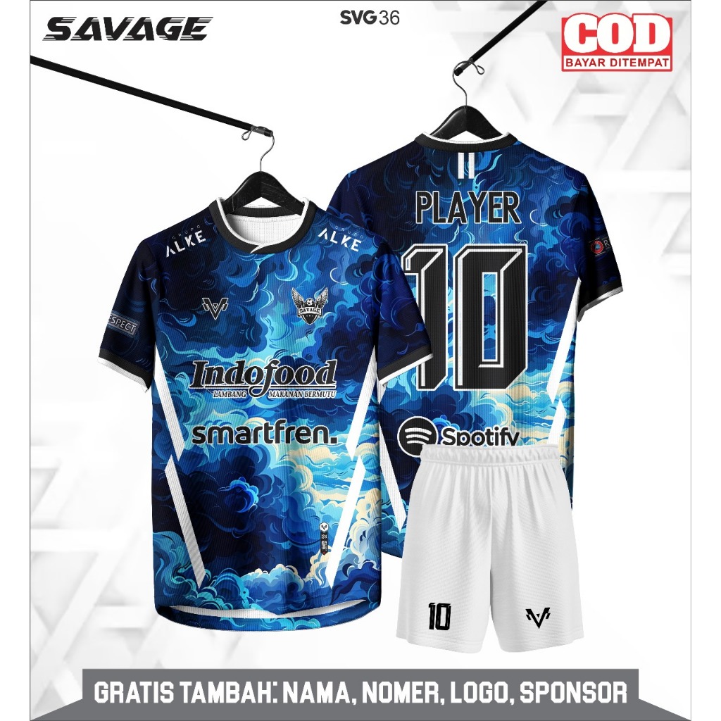 JERSEY FUTSAL CUSTOM FULL PRINTING NAMA NOMER DAN LOGO WARNA BIRU AWAN KEREN