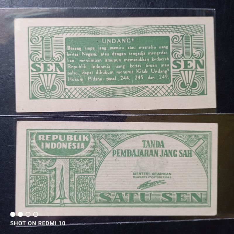uang kertas kuno 1 sen ori tahun 1945