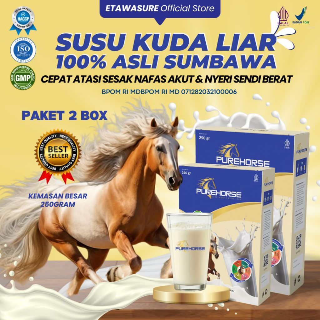 

Susu Kuda Pure Horse 100% Original dari Sumbawa Untuk Keluhan Sesak Nafas Akut dan Nyeri Sendi Berat Kemasan 250gram Paket 2 Box