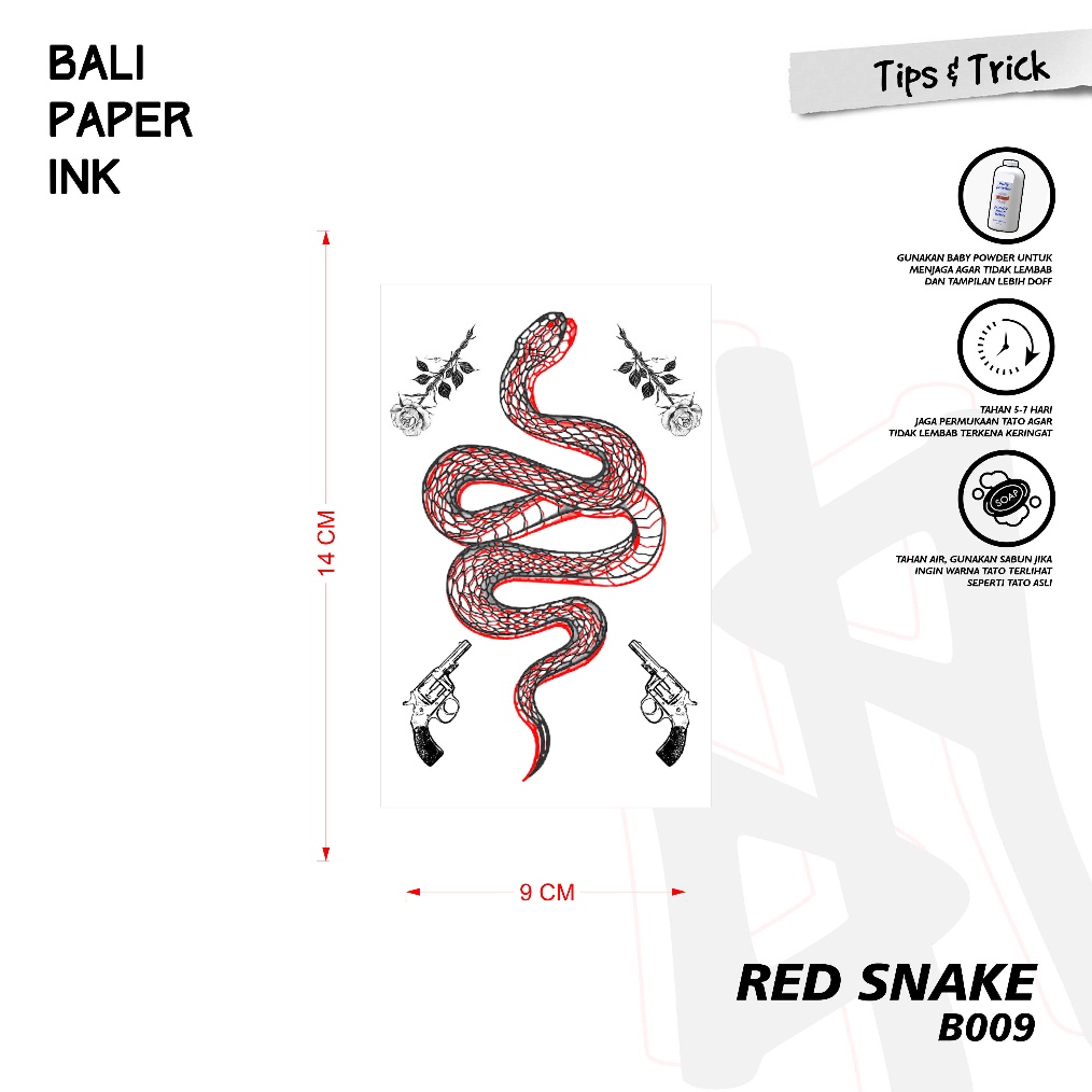 KODE G87R Tato Red Snake B9  Basic Temporary Tattoo  By Bali Paper Ink