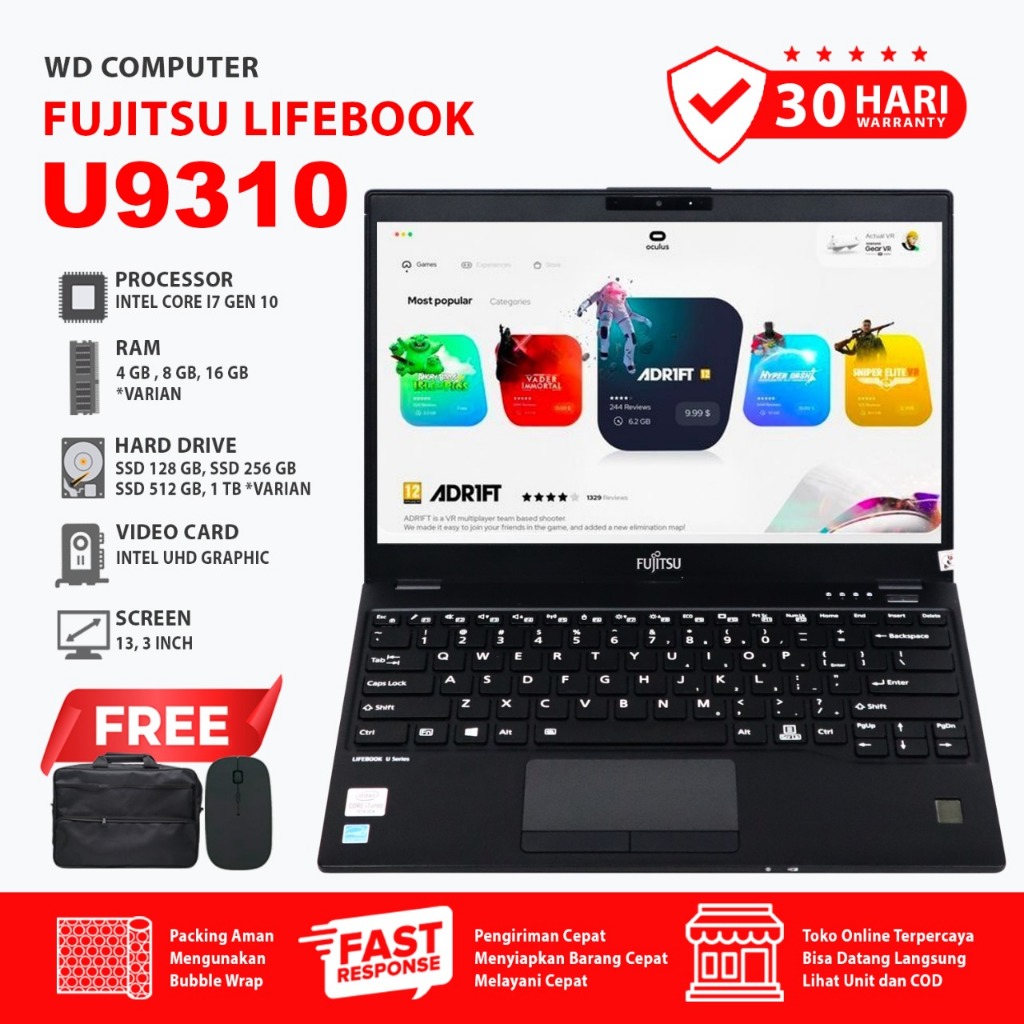 Promo Laptop Fujitsu U9310 Intel I7 Gen 10 RAM 8GB SSD 256GB Murah Bergaransi