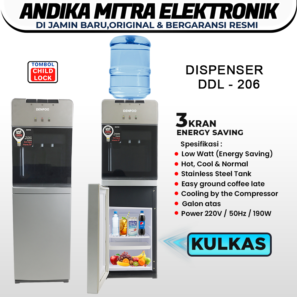Denpoo Dispenser Galon Atas Kabinet Kulkas Compressor Panas,Dingin Es & Normal Denpoo DDL 206