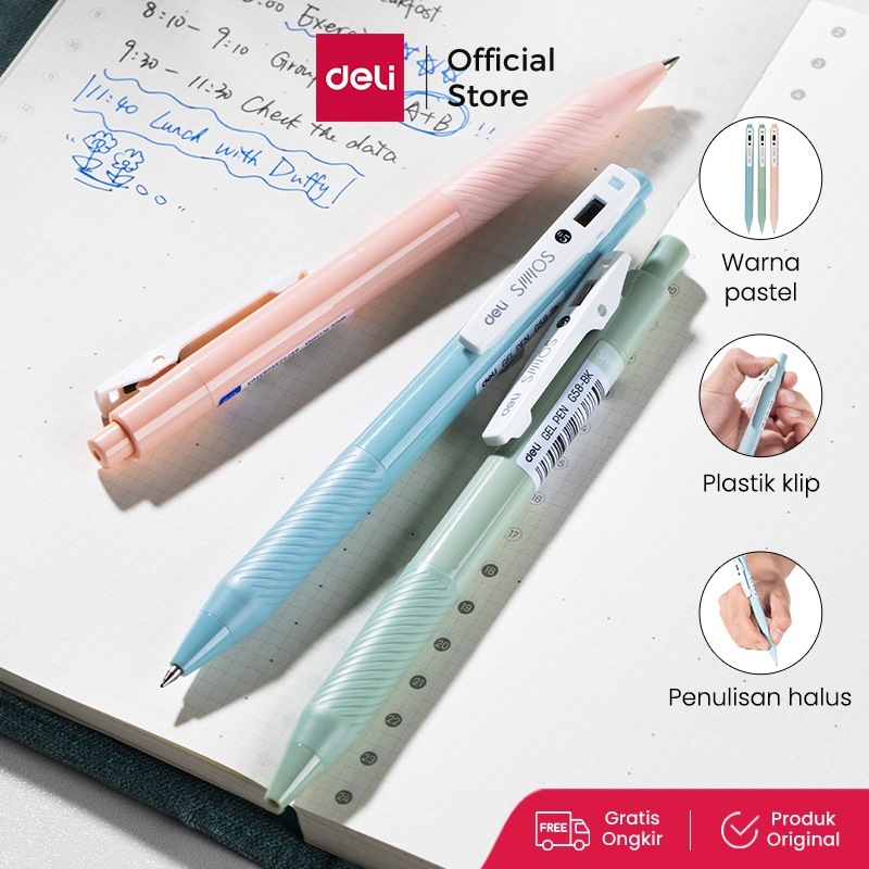 

Deli Retracable Gel Pen / Pulpen Gel Cetak 0.5 mm Tinta Hitam Biru Body Pastel EG58