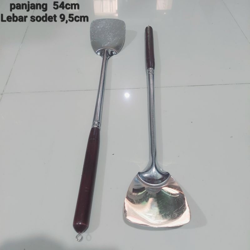 Sodet stainless besar panjang gagang kayu/sutil spatula stainless besar panjang gagang kayu/sodet na