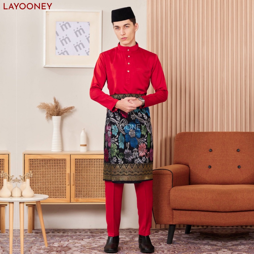 KODE A67O Setelan Baju Melayu Modern Pria Cekak Musang Merah Cabe Pakaian Muslim Koko Adat Tradision