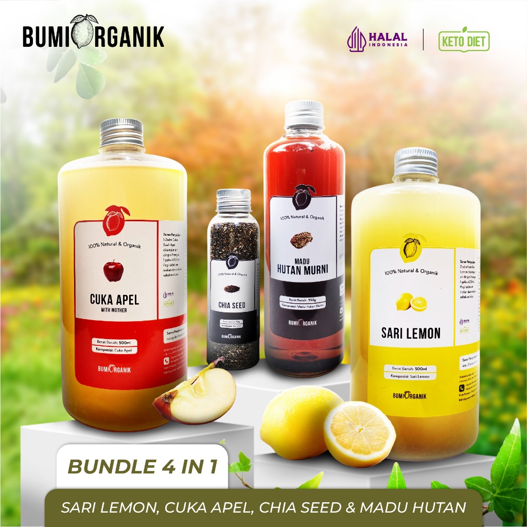 

PAKET 4 IN 1 SARI LEMON CUKA APEL & MADU MULTIFLORA / HUTAN BUMI ORGANIK UNTUK DIET WAJAH LAMBUNG ORIGINAL HALAL APPLE CIDER VINEGAR WITH MOTHER HALAL ORGANIC DEHEALTH NUTRILOGY OFFICIAL / NUTRIFARM / DARI BUMI / BEORGANIK TAHESTA BRAGG VINEGAR HEINZ