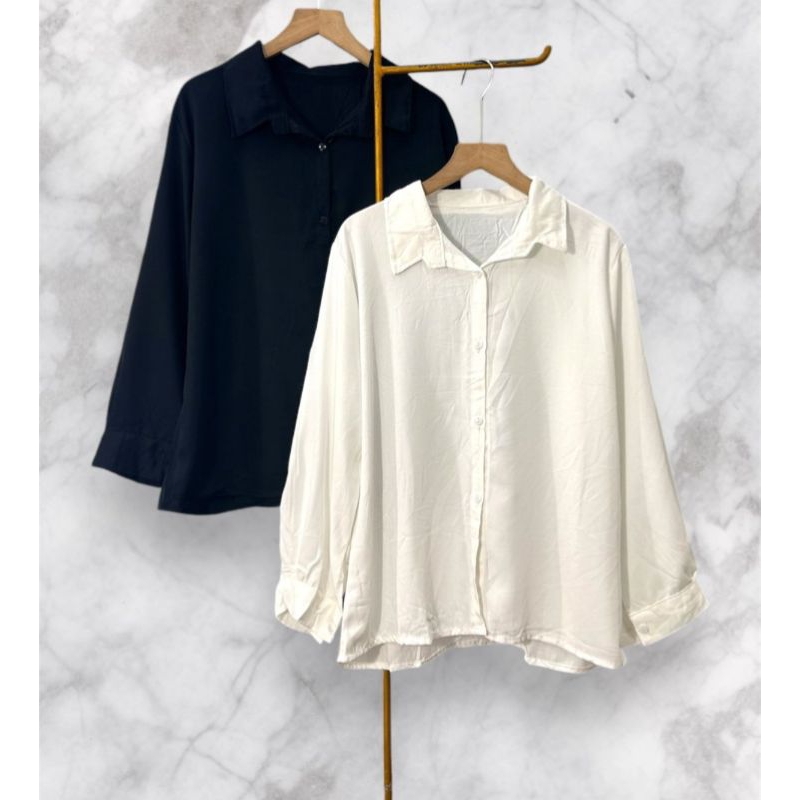 Kemeja wanita katun rayon hitam , putih lengan panjang bluose casual polos kekinian