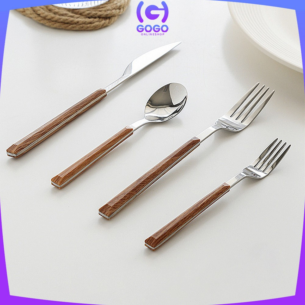GOGO-C1166 Sendok Garpu Stainless Steel Korea Handle Kayu / Alat Makan Sendok Garpu Gagang Kayu Wood