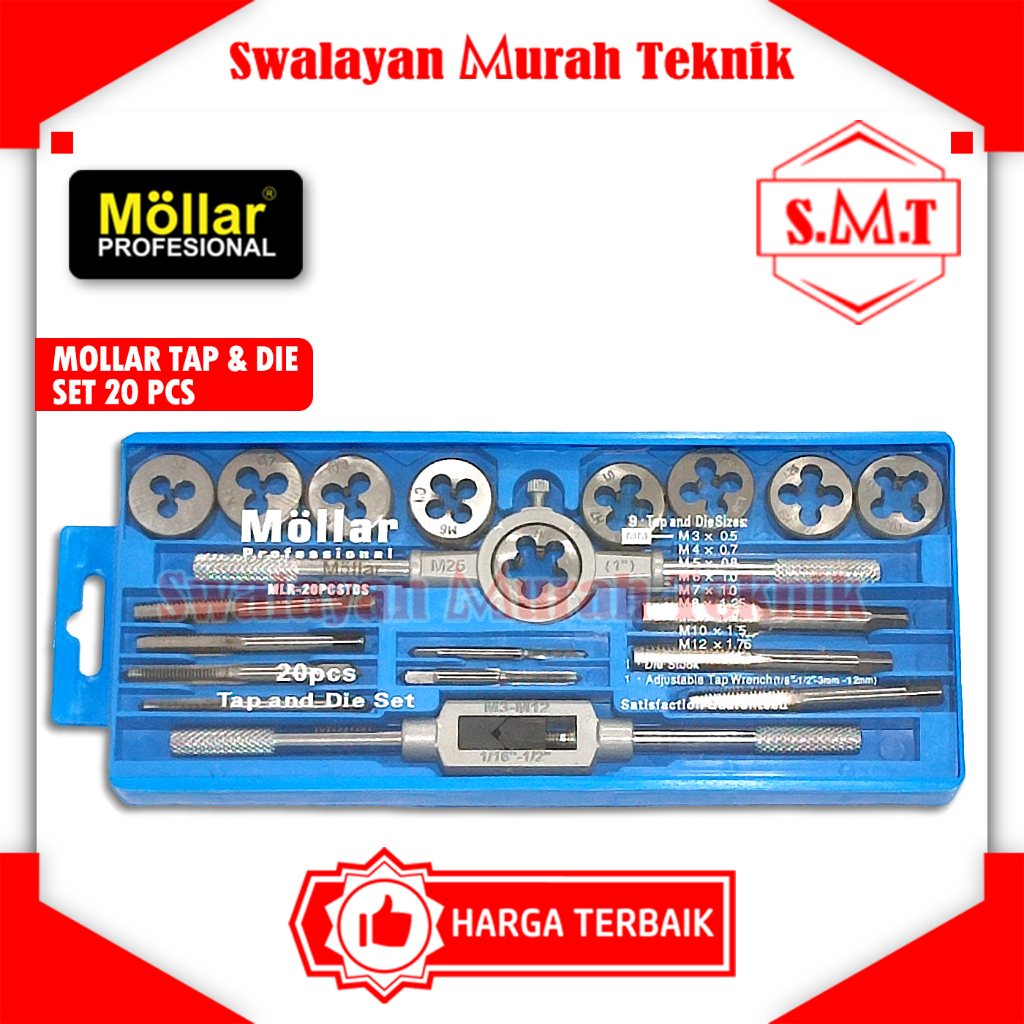 MOLLAR 20PCSTDS Hand Tap Die Set 20 Pcs Alat Drat Ulir Snai Senai Baut