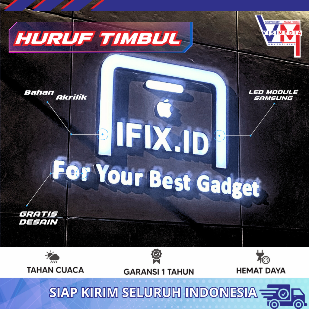 Huruf Timbul Menyala Letter Timbul Led Huruf Timbul 3D Akrilik 100% Buatan Mesin Free Desain Siap Pa