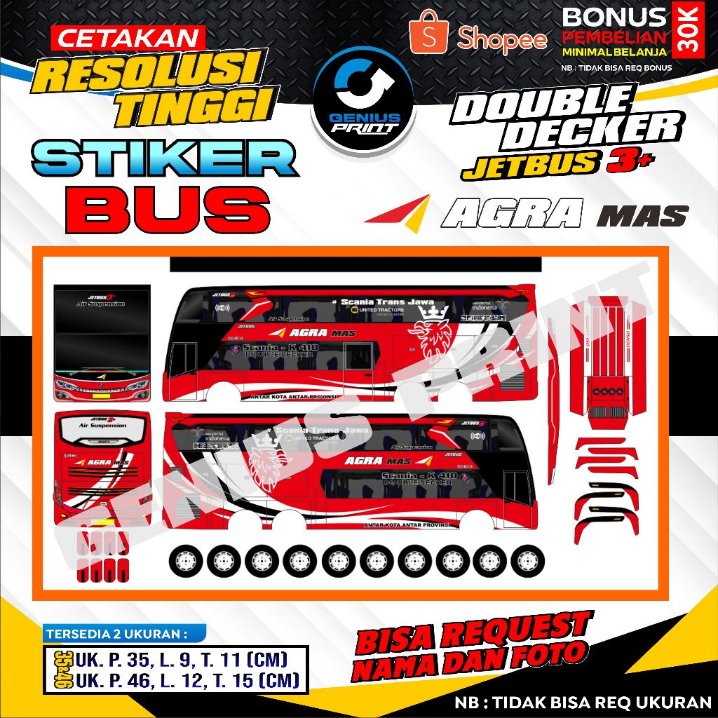 Stiker Mainan Miniatur Bus DOUBLE DECKER JETBUS 3+ Livery Agra Mas | Sinar Jaya | Lorena | Gunung Ha