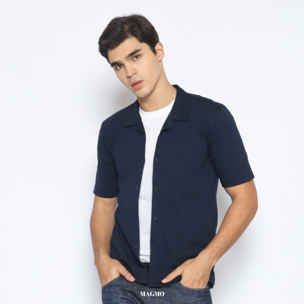 Kemeja Bowling Shirt - Strech Cotton Combed Navy - Magmo Lake