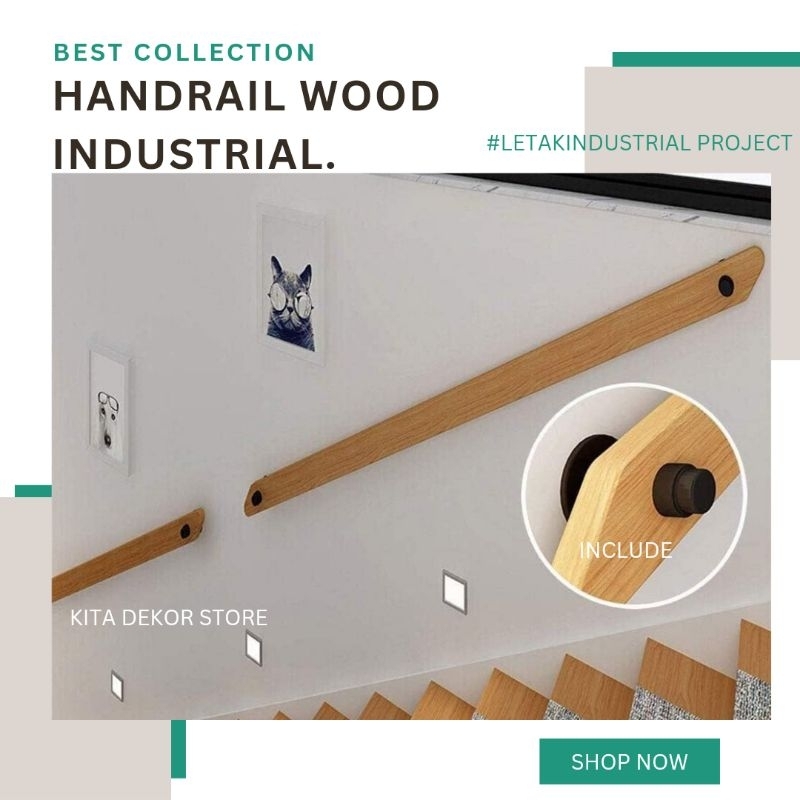 Handrail Kayu Natural / Banister Tangga Kayu / Railing Tangga Kayu Besi / Pegangan Tangga Kayu Indus