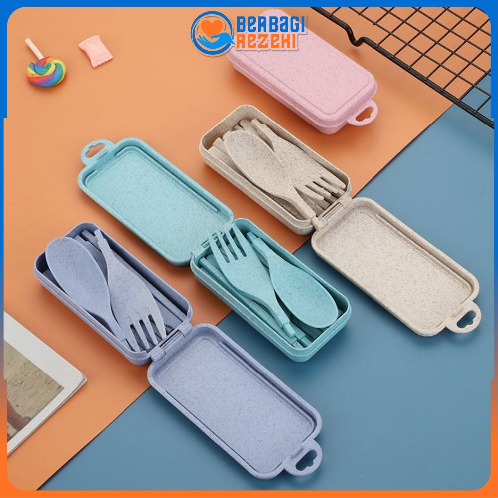 Alat Makan Sendok Garpu Sumpit Lipat 3IN1 Bahan Jerami Gandum / Sendok Korea Travel Cutlery Set Port