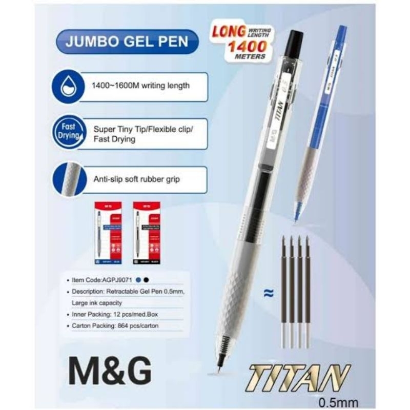 

BALLPOINT RETRACTABLE AGPJ9071 TITAN GEL JUMBO GEL PEN 0.5MM / PENA M&G GEL PEN 0.5 MM CETEK / PEN CAIR TINDIS