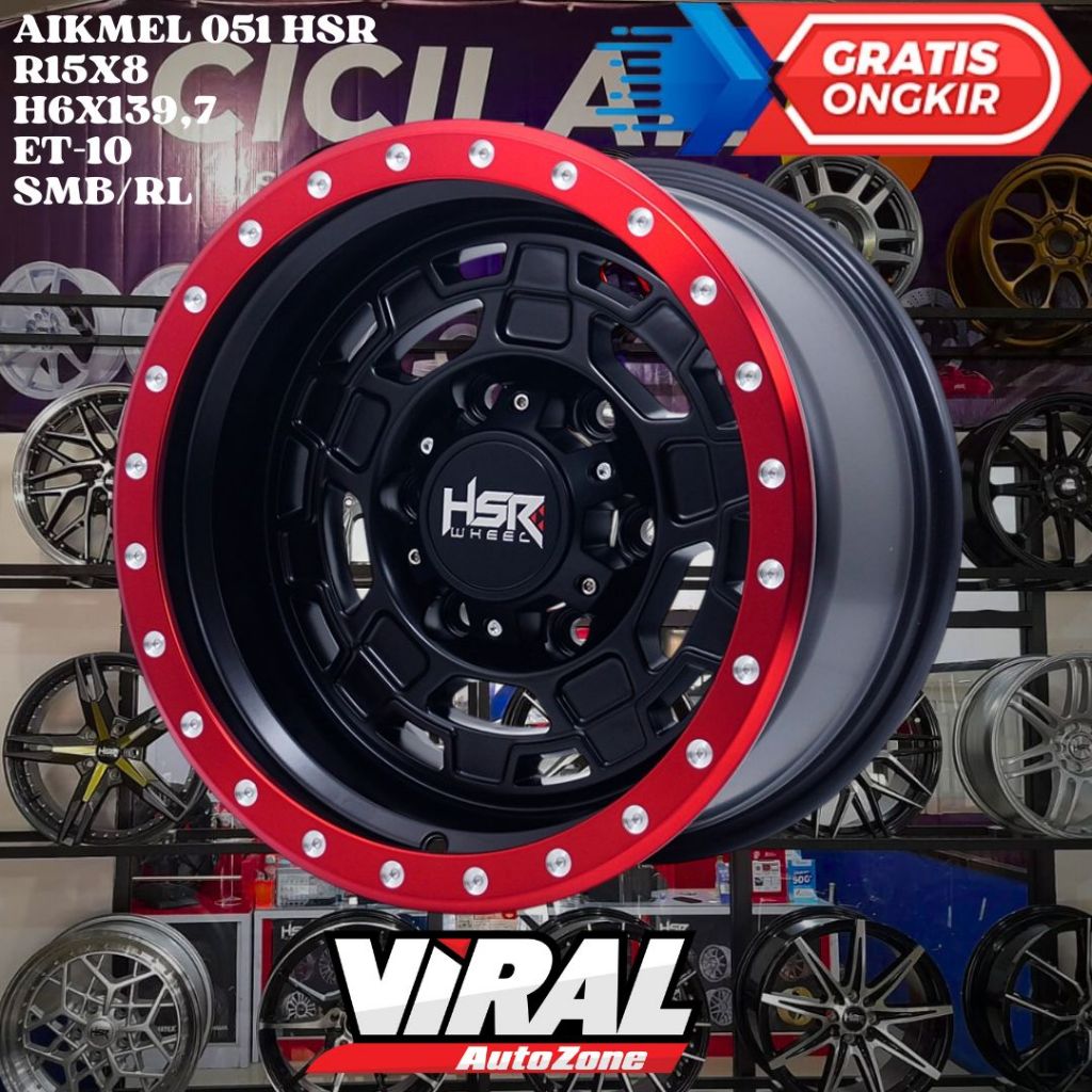 Velg Mobil Ring 15 HSR AIKMEL R15 LEBAR 8 LOBANG 6 ET-10 BLACK RED LIP