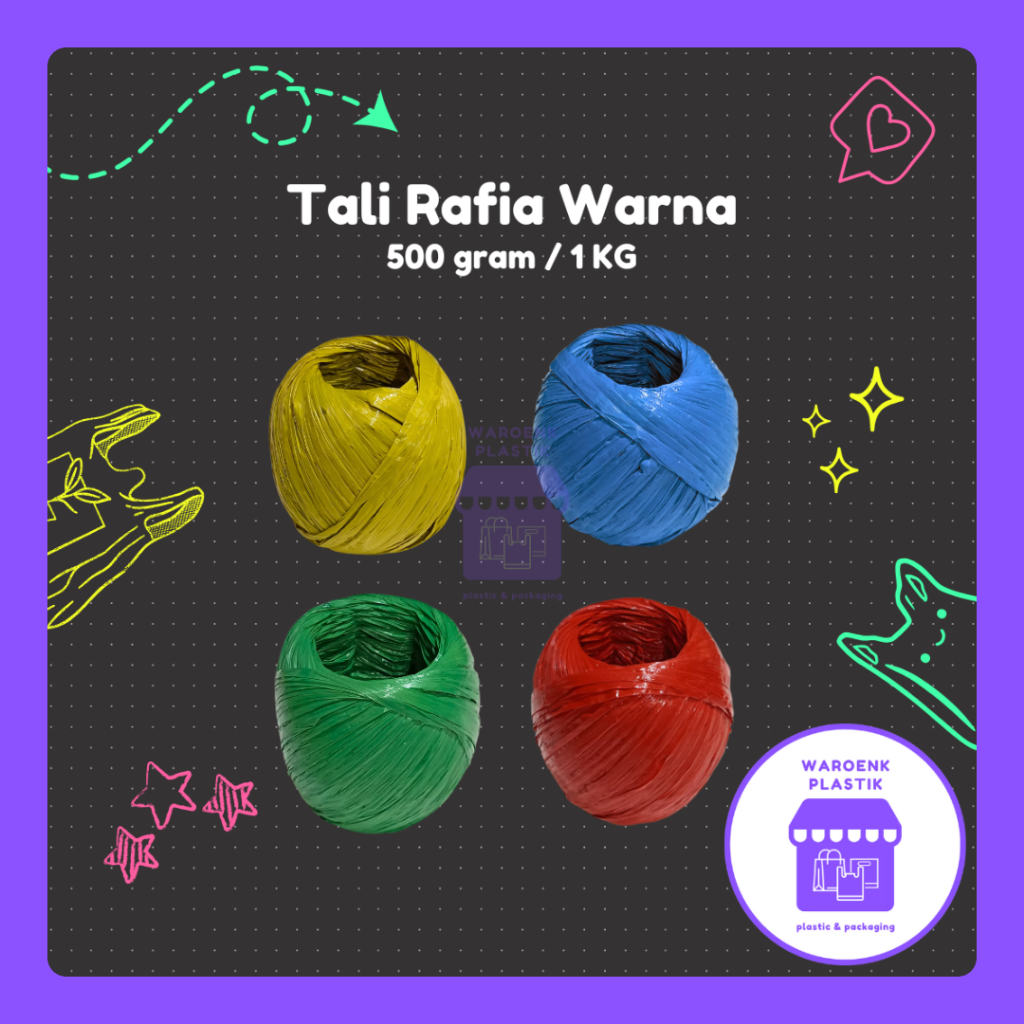 

Waroenk Plastik | Tali Packing | Tali Gulungan | Tali Rafia Gulung Warna-warni | 500 gram & 1 kg