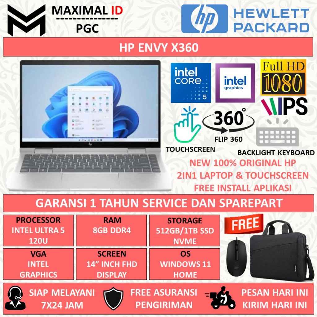 LAPTOP HP ENVY X360 INTEL CORE 5 120U RAM 8GB 512GB FHD IPS TOUCHSCREN WINDOWS11