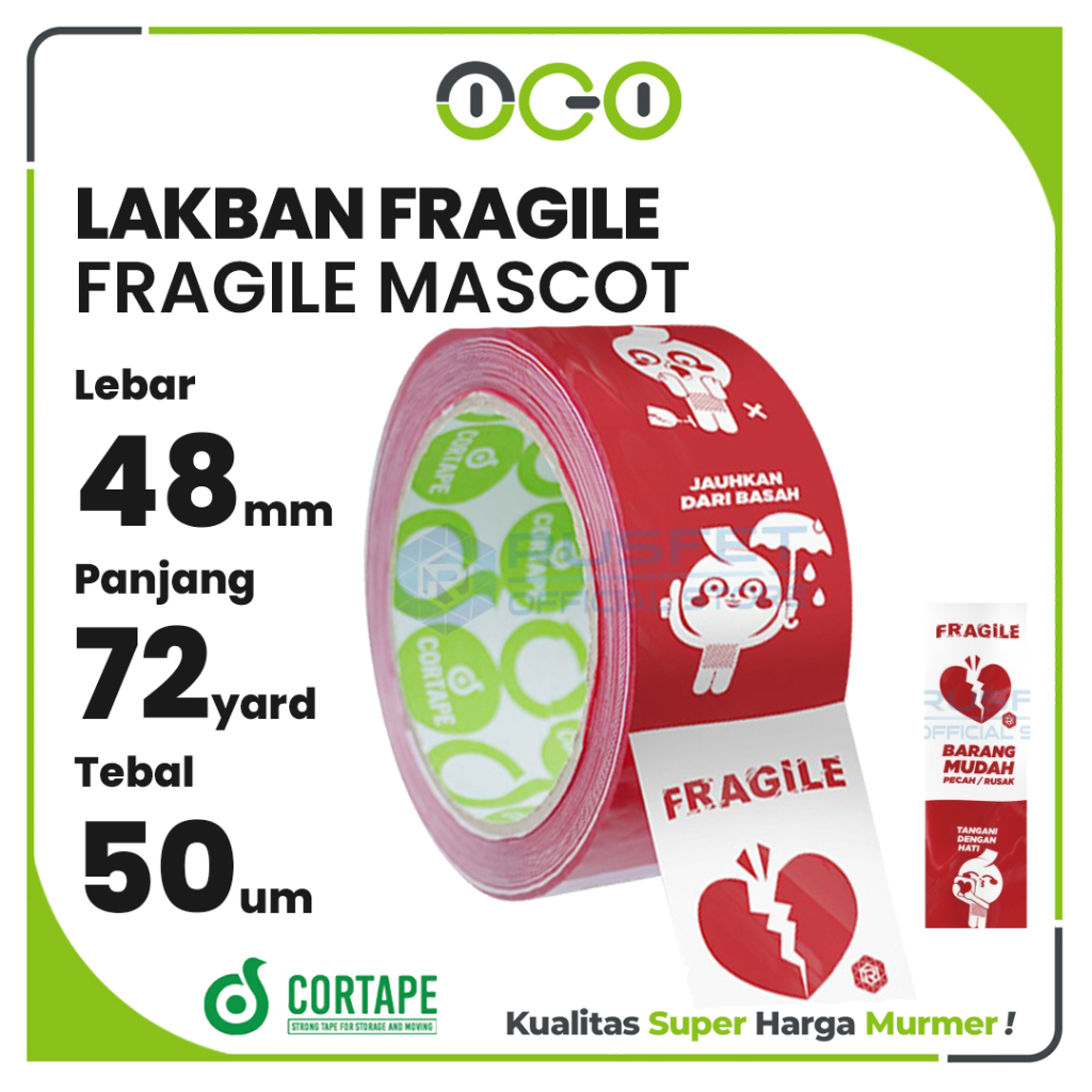 Lakban Fragile Maskot Merah 48mm x 72yard OPP Tape / Selotip 2inch Cortape Harga Satuan Ecer Cortape