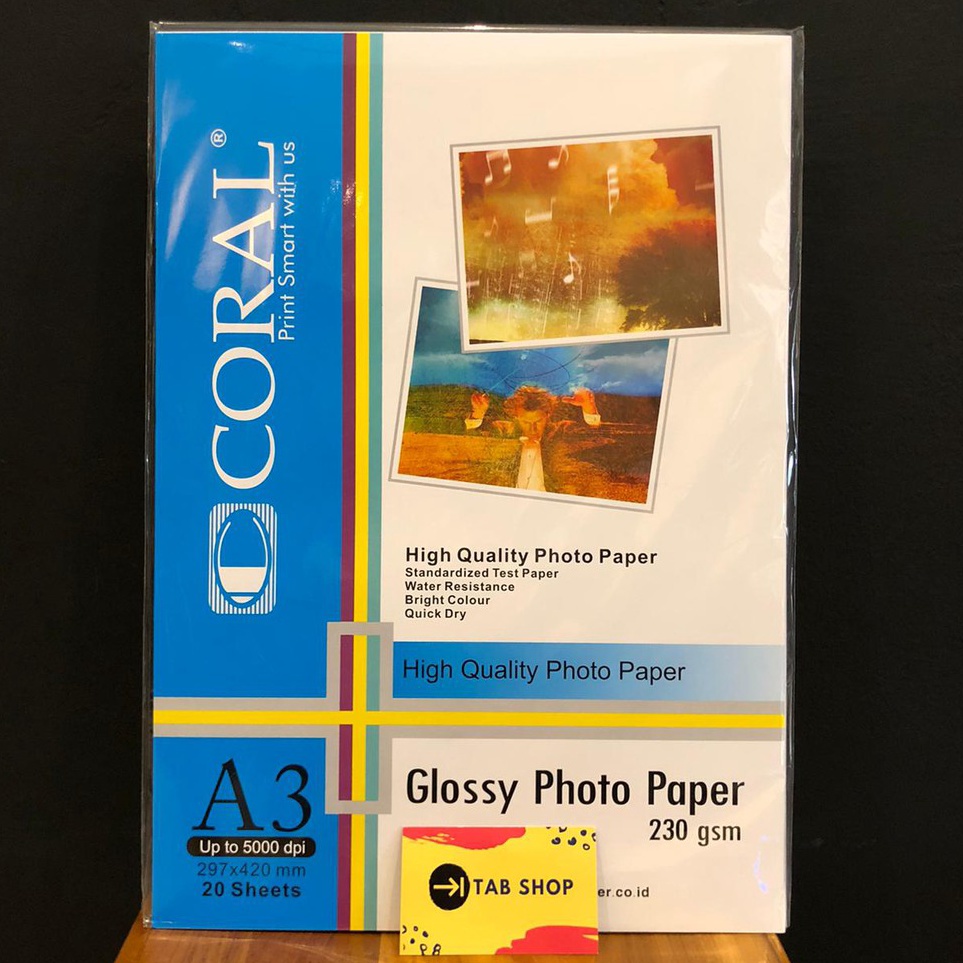 

Ready TAB SHOP CORAL GLOSSY PHOTO PAPER 23 GSM A3 2 SHEETS CORAL KERTAS FOTO GLOSY 23 GSM A3 2 SHEETS Z99