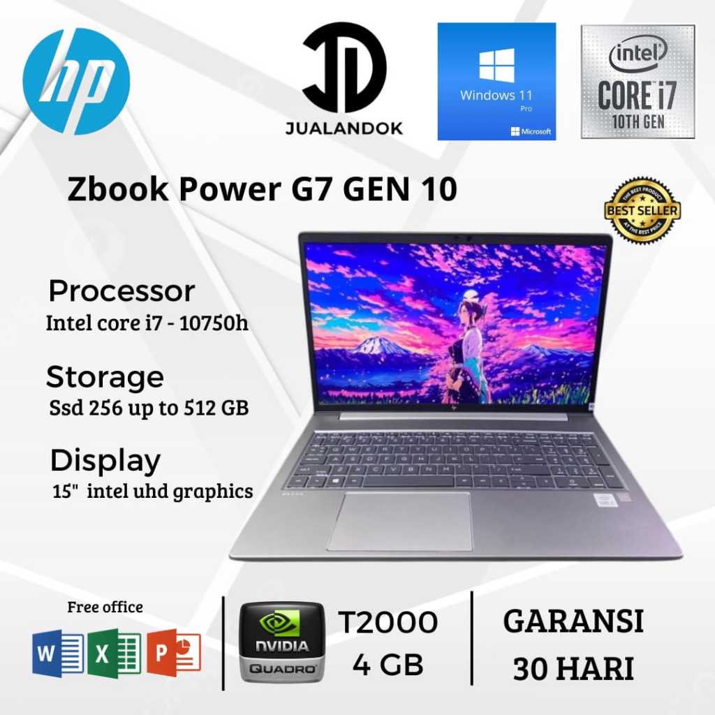 Laptop HP ZBook Power G7 Core i7 Gen 10 - RAM 64GB - SSD 1TB - 15 inch - Quadro T1000 4GB