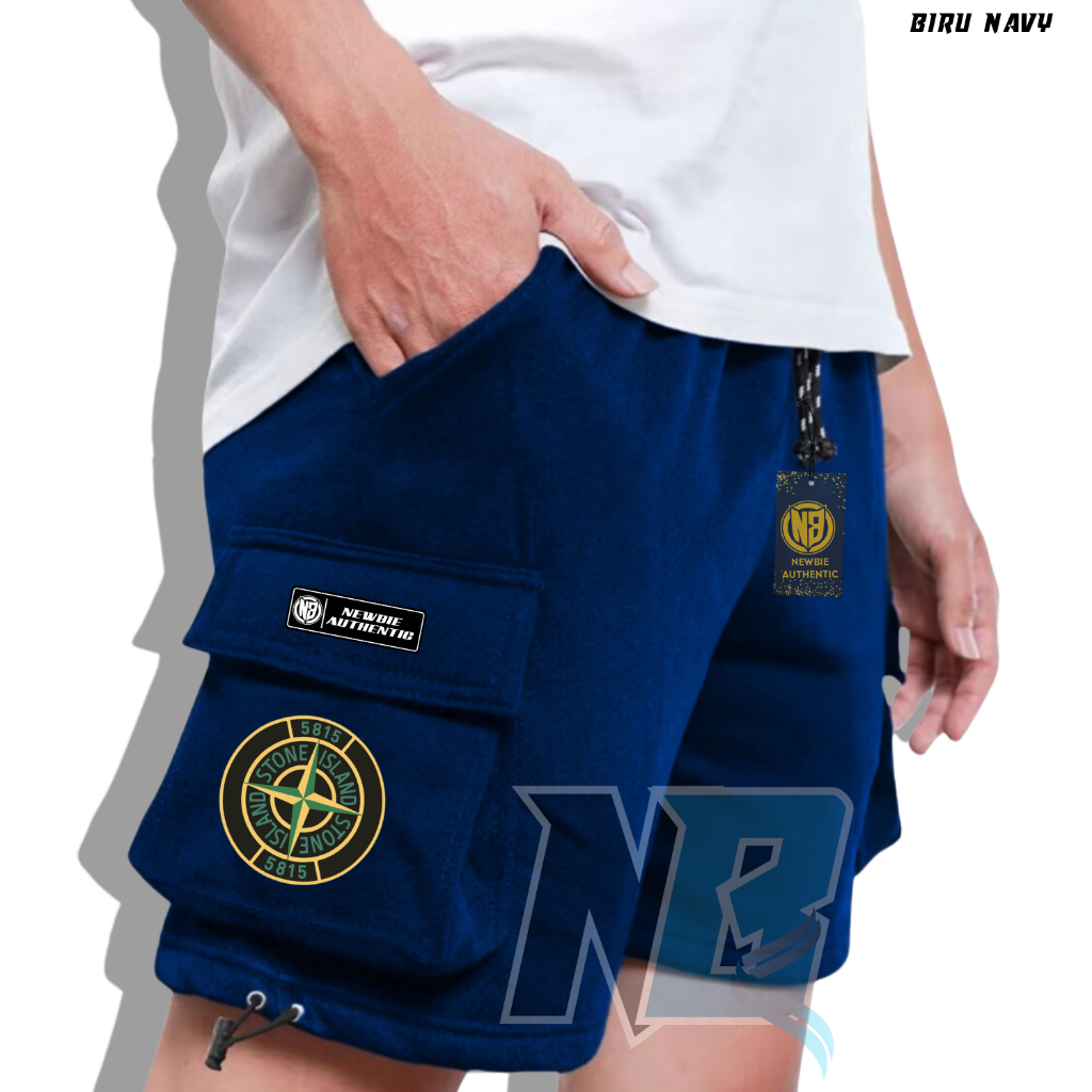 NEWGO Celana Cargo Pendek Bahan Fleece Premium Warna Navy Motif Stone Island Simple Kargo Short Dist